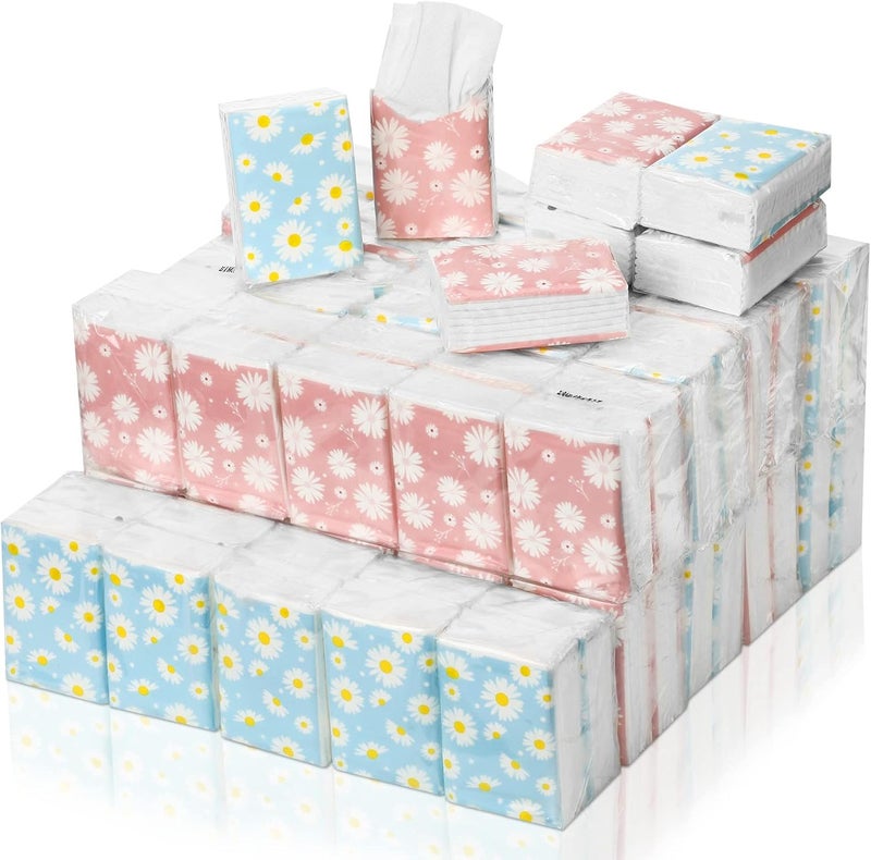Outus 100 Pack 800 Sheets Small Travel Pocket Tissue Packs 3 Ply Travel Size Individual Facial Tissue Floral Daisy Design for Wedding Funeral Bridal Shower Household Essentials - Image 1